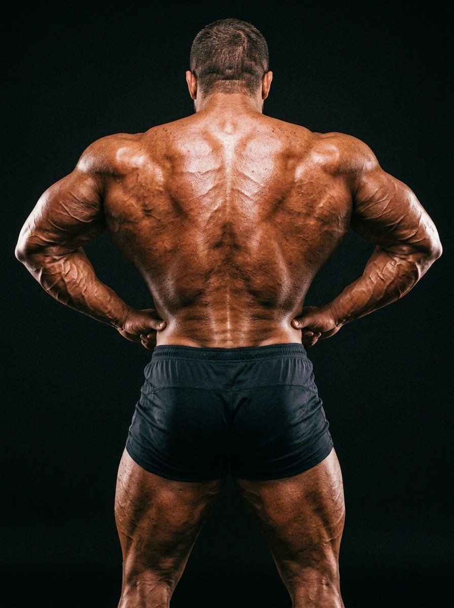 Bodybuilder rear lat spread showing back muscle development